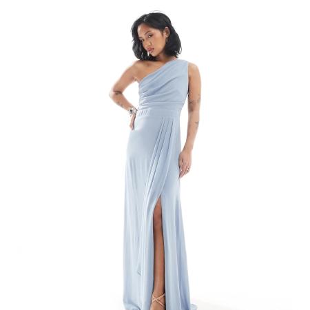 TFNC Petite Bruidsmeisjes Maxi-jurk van chiffon met rok met overslag in oudblauw