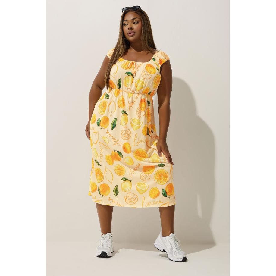 Limited Collection Midi Jurk Met Citroenprint, Kapmouwen En Strikdetail In Geel Size 58-60 Geel