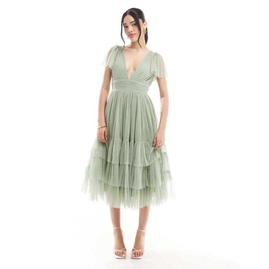 Lace & Beads Bruidsmeisjes Madison Midi jurk in stoffig saliegroen Groen