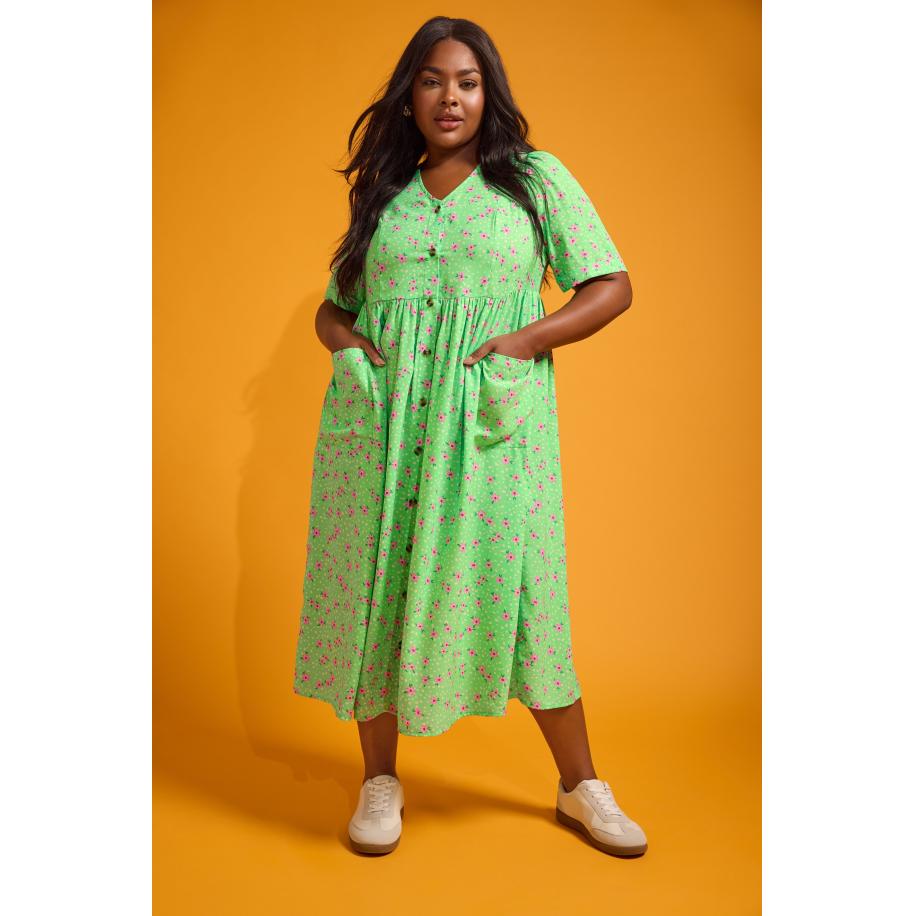 Yours Midaxi Doorknoopjurk Met Bloemmotief In Groen/Roze Size 62-64 Groen