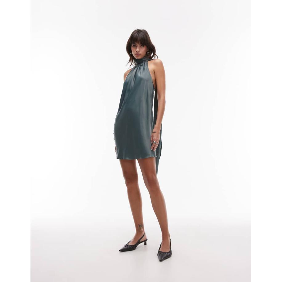 Topshop Mini jurk met halternek en sjaaldetail in petrol-Groen Groen