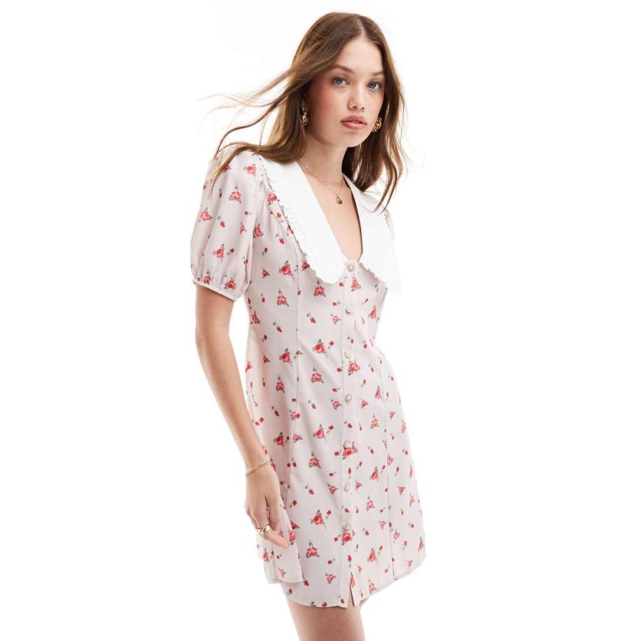 Miss Selfridge Mini jurk met korte mouwen, kraagje en roze print-Veelkleurig Multicolor