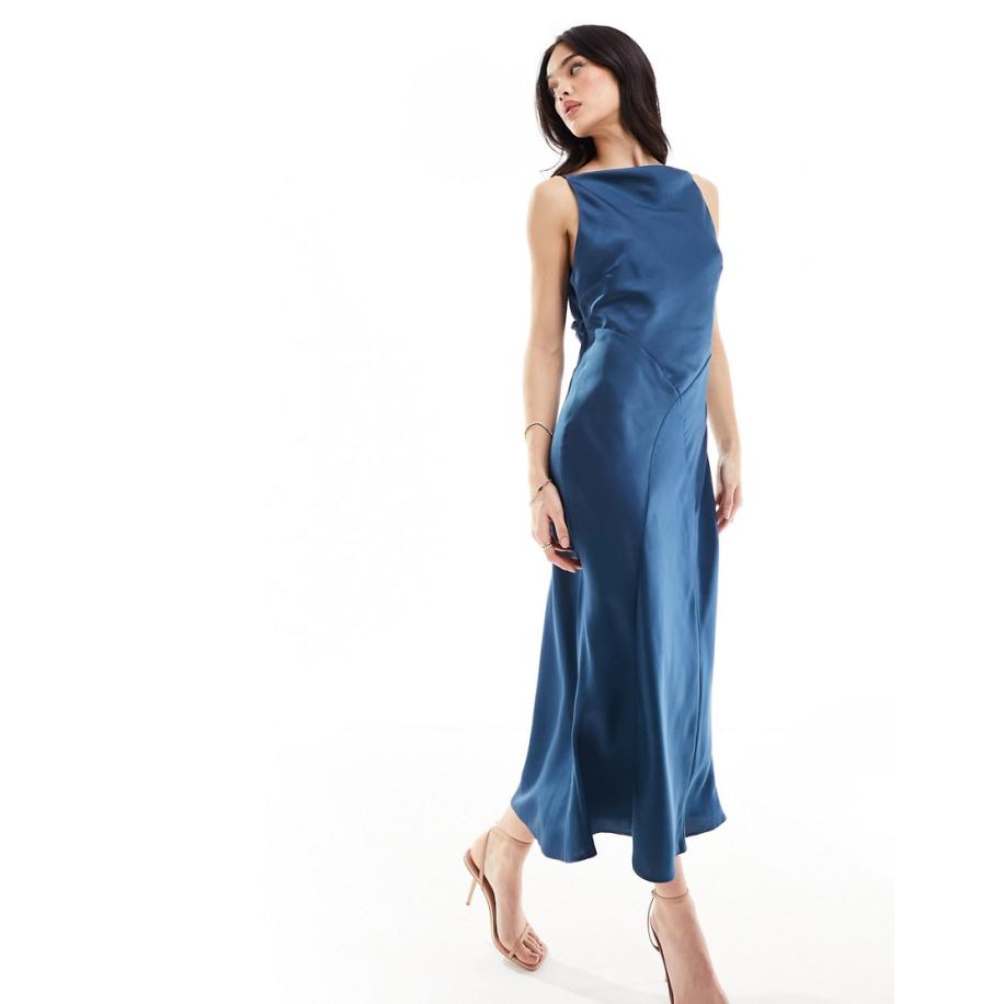 ASOS DESIGN Midi-jurk van satijn met vierkante hals en gedrapeerde rug in donkerblauw-Veelkleurig Multicolor