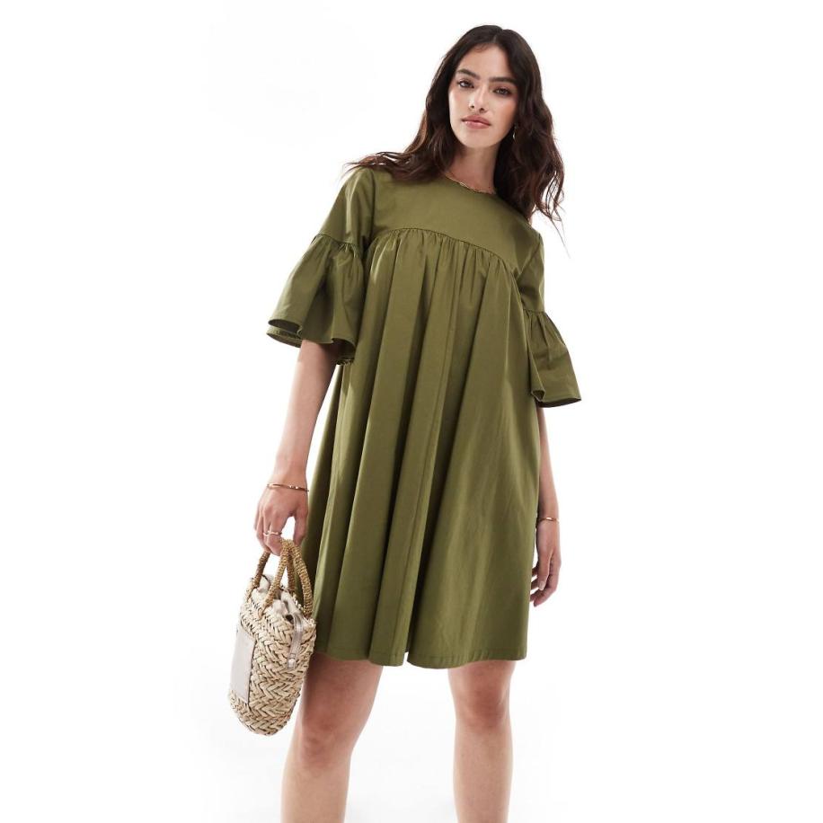 ASOS DESIGN Aangerimpelde mini-jurk met oversized mouwen in olijfgroen-Veelkleurig Multicolor