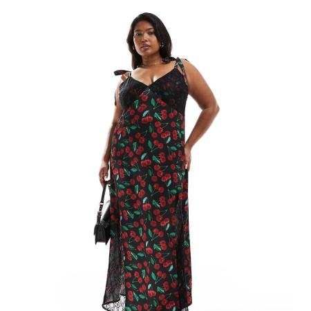 Renee Studio x Holly Wynne Plus Exclusives Maxi slipdress van satijn met gestrikte camibandjes in zwart met kersenprint-Veelkleurig