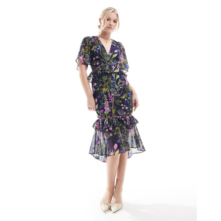 Hope & Ivy Nette midi jurk met peplum taille in marineblauwe print Blauw