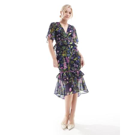 Hope & Ivy Nette midi jurk met peplum taille in marineblauwe print