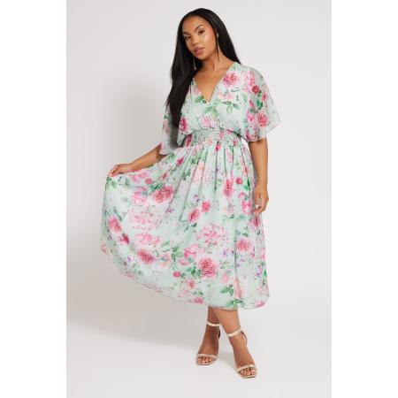 Yours London Midaxi Jurk Met Bloemenmotief En Elastische Taille In Lichtblauw/Roze Size 58-60