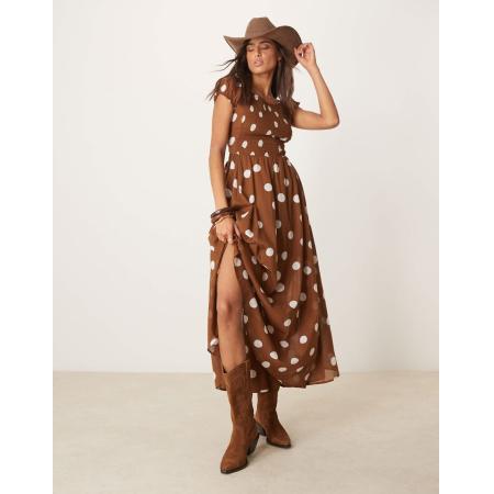 Free People Midaxi-jurk met stippen en gesmokte buste in bruin-Wit