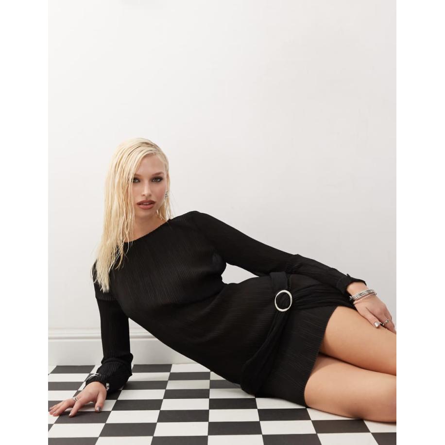 Lioness Mini jurk van plissé met lange mouwen en gedrapeerd detail in zwart Zwart