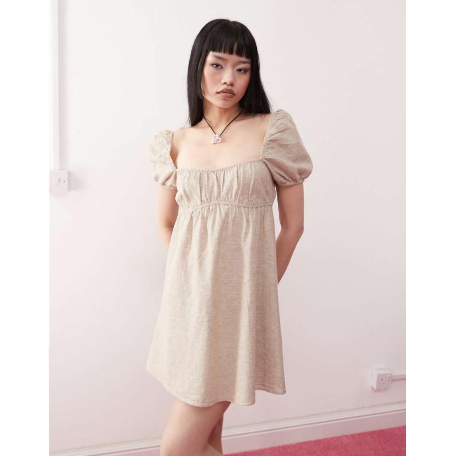 Monki Mini-jurk met pofmouwen en linnen in beige, exclusief bij ASOS-Neutraal Multicolor