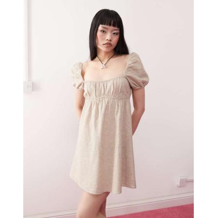 Monki Mini-jurk met pofmouwen en linnen in beige, exclusief bij ASOS-Neutraal