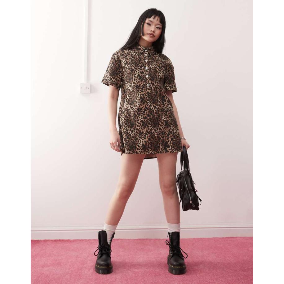 Monki Oversized overhemdjurk van keperstof in luipaardprint-Bruin Bruin