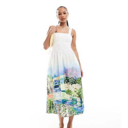 Hope & Ivy Petite Midi korsetjurk met A-lijn en bandjes in wit met landschapsprint