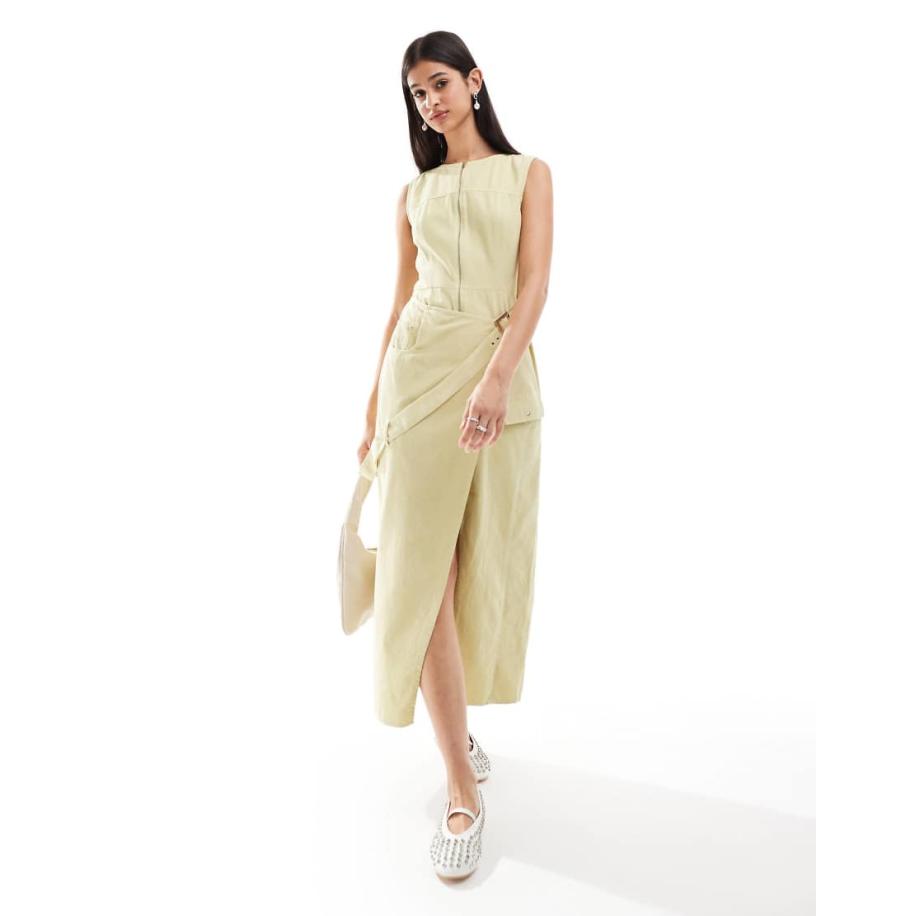 ASOS DESIGN Midi jurk van keperstof met split, gesp en acid wash in stone-Veelkleurig Multicolor