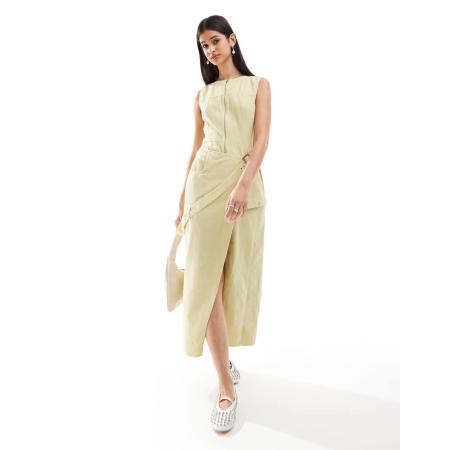 ASOS DESIGN Midi jurk van keperstof met split, gesp en acid wash in stone-Veelkleurig