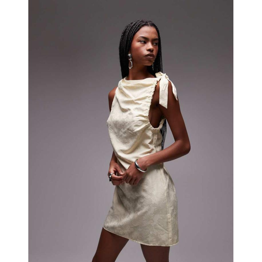 Topshop Mini-jurk met jacquard en gestrikte schouders in botergeel-Wit Wit