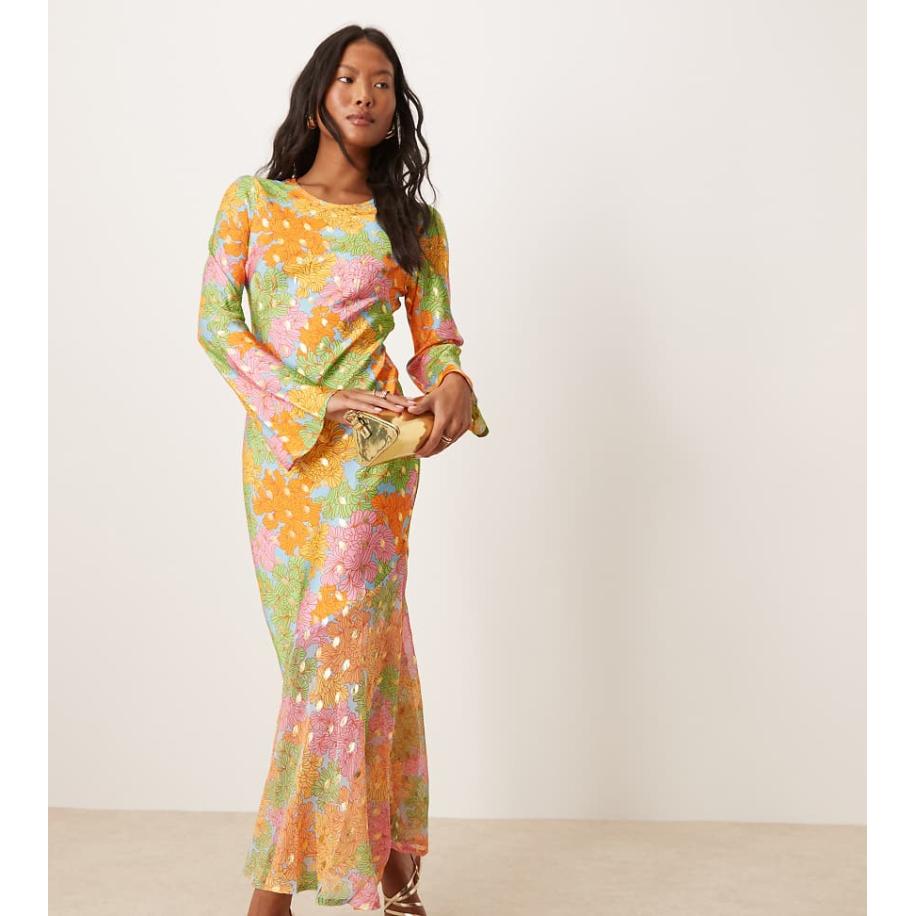 Never Fully Dressed Petite Maxi jurk met lange mouwen in patchworkprint-Veelkleurig Multicolor