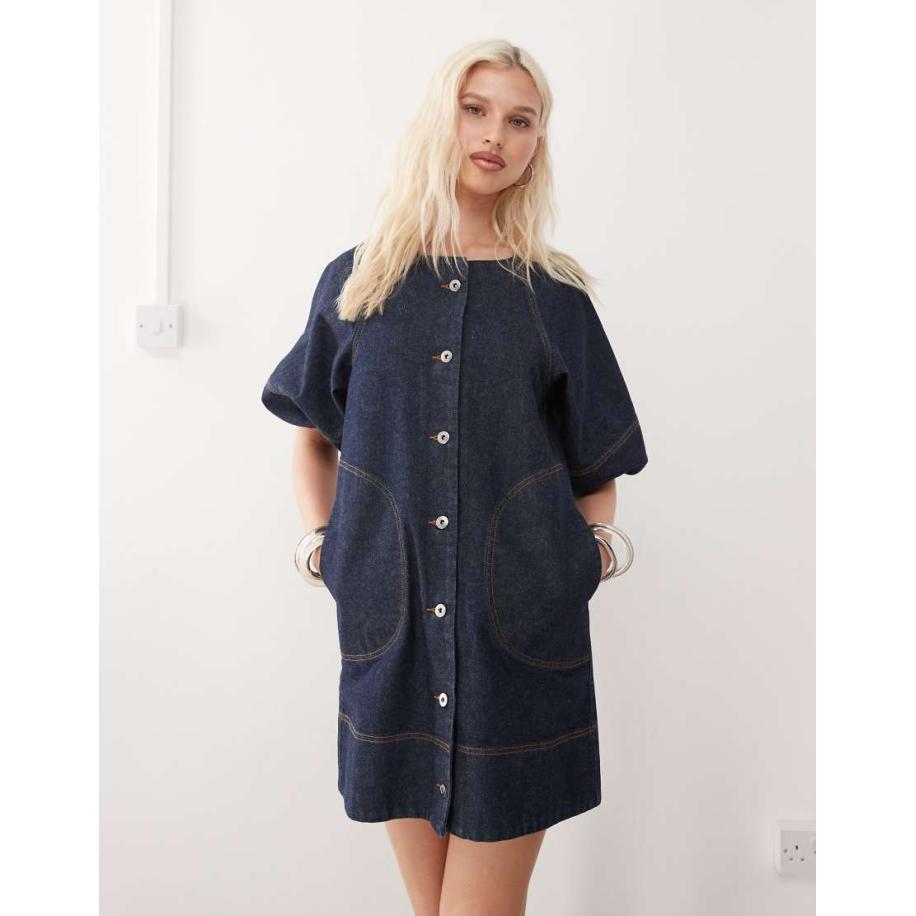 COLLUSION Denim overhemdjurk met pofmouwen in spoelwassing-Blauw Blauw