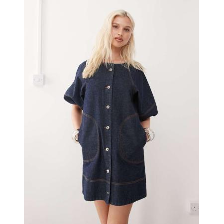 COLLUSION Denim overhemdjurk met pofmouwen in spoelwassing-Blauw