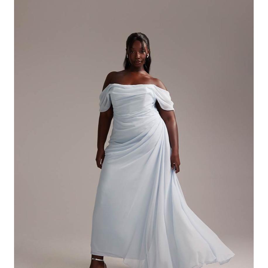 ASOS DESIGN Curve Bruidsmeisjes Gedrapeerde midaxi bardotjurk in lichtblauw Blauw