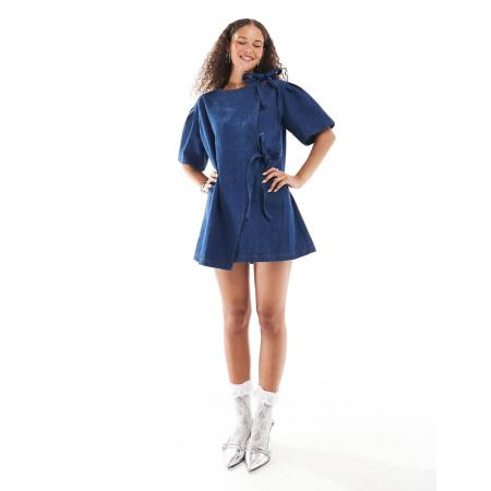 Ghospell Mini jurk met strikdetail en textuur in denim met donkere wassing-Blauw