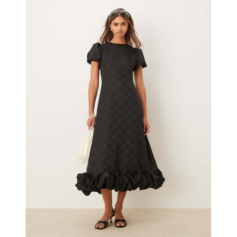 Sister Jane Maxi jurk met pofmouwen en bolle zoom in zwart Zwart