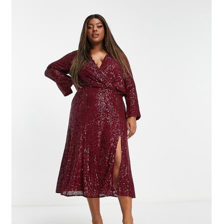 ASOS DESIGN Curve Midi-jurk met gedrapeerd detail, versiering en knoopjes in bessenrood