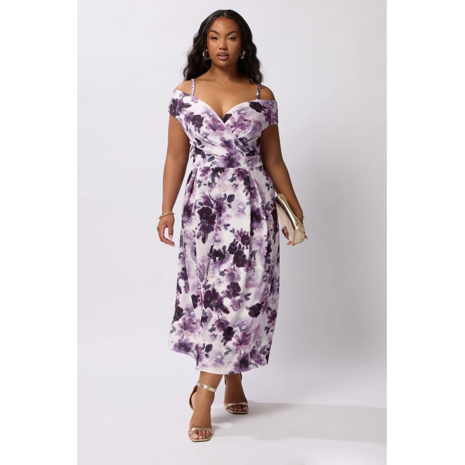 Yours London Curve Paarse Bloemenprint Cold Shoulder Jurk Size 58-60 Paars
