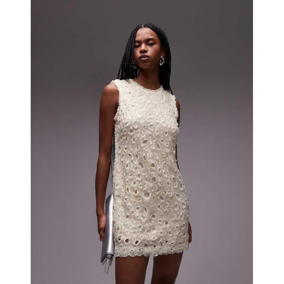 & Other Stories Mini jurk van tule met kralen en opengewerkt detail in crème-Wit Wit