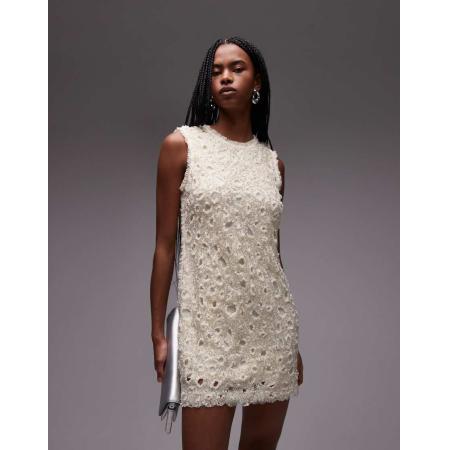 & Other Stories Mini jurk van tule met kralen en opengewerkt detail in crème-Wit