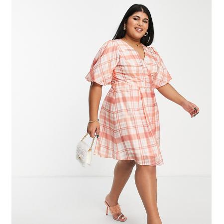 Forever New Curve Nette mini-jurk met zwierige zoom in perzikkleurige ruitprint-Oranje