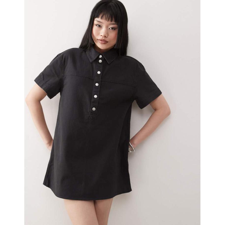 Monki Oversized overhemdjurk van keperstof in zwart met wassing Zwart