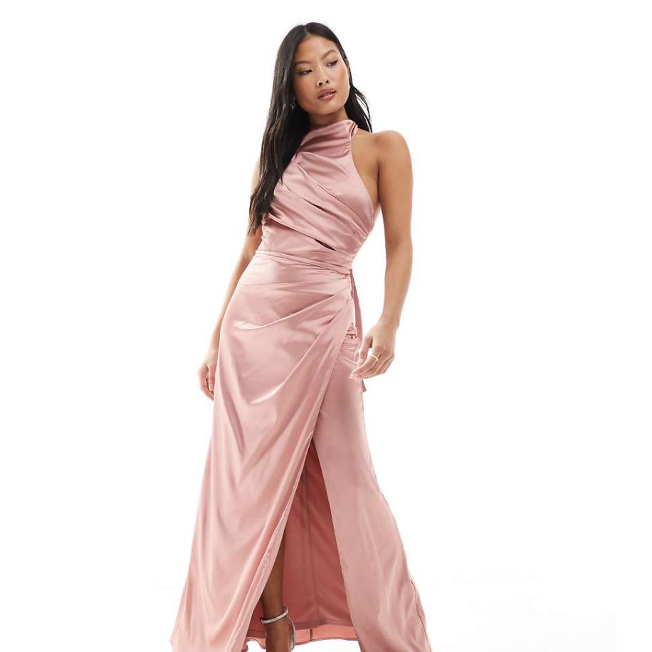 TFNC Petite Bruidsmeisjes Hoogsluitende satijnen maxi jurk met strik aan de achterkant in oudroze Roze