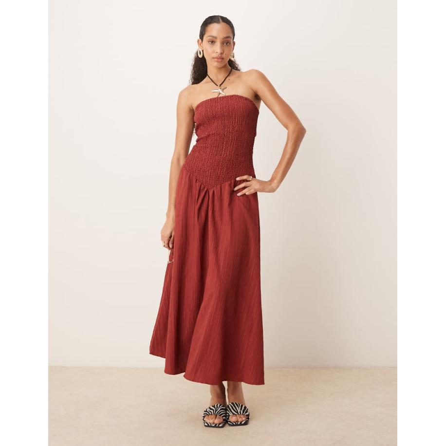 ASOS DESIGN Maxi bandeau-jurk van kreukelstof in bordeauxrood-Veelkleurig Multicolor