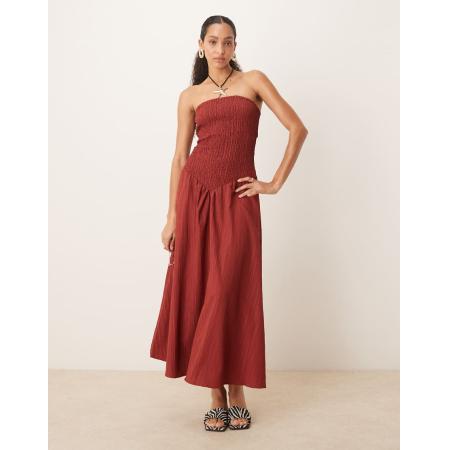 ASOS DESIGN Maxi bandeau-jurk van kreukelstof in bordeauxrood-Veelkleurig