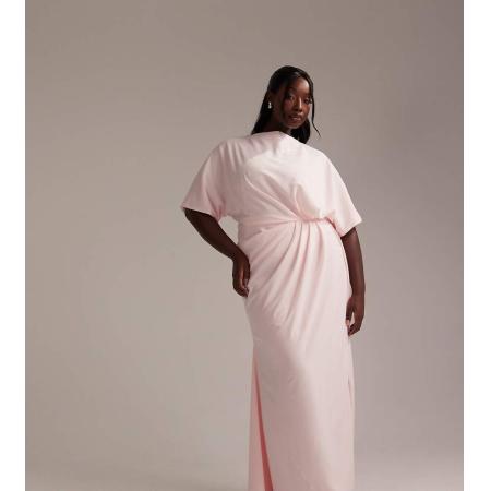 ASOS DESIGN Curve Bruidsmeisjes Minimalistische gedrapeerde maxi-jurk van crêpe met rechte hals en T-shirtmouwen in lichtroze