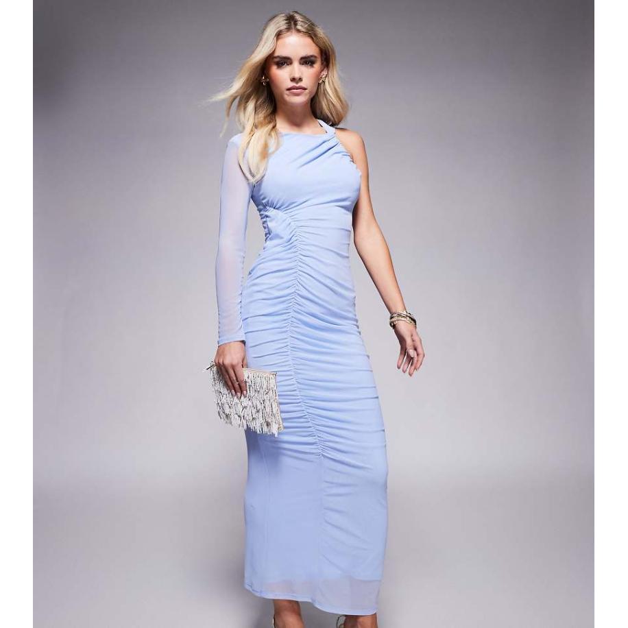 ASOS DESIGN Petite Mesh midi-jurk met één mouw en asymmetrische band in blauw Blauw
