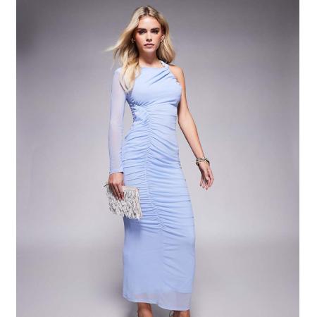 ASOS DESIGN Petite Mesh midi-jurk met één mouw en asymmetrische band in blauw