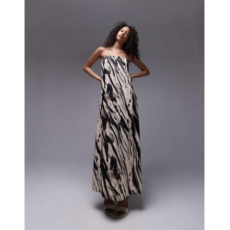 Topshop Satijnen maxi bandeau-jurk in zwart-witte dierenprint-Veelkleurig