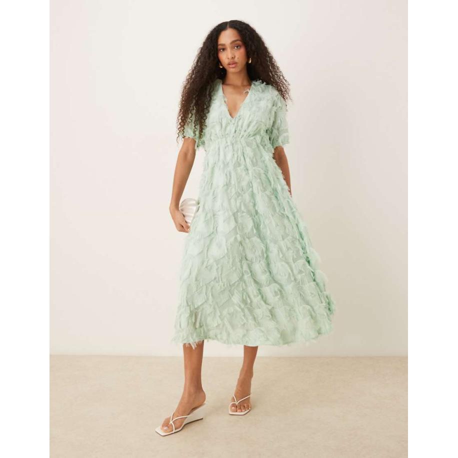 YAS Midi jurk met V-hals en textuur in zachtgroen Groen