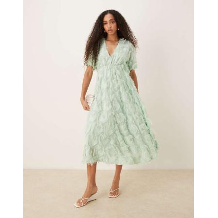 YAS Midi jurk met V-hals en textuur in zachtgroen