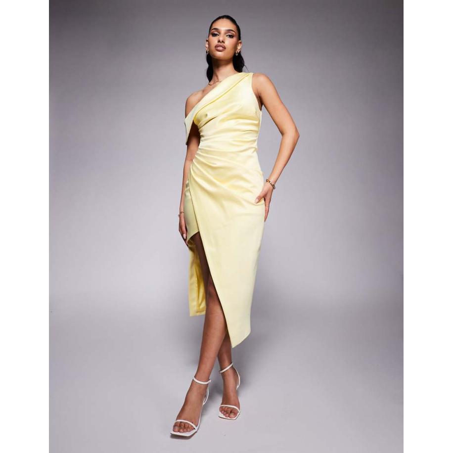 Lavish Alice Midi jurk met asymmetrische halslijn van satijn met plooien in geel-Blauw Blauw