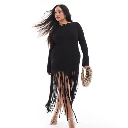 Renee Studio x Michelle Nayla Exclusive Geribbelde gebreide mini jurk met franjezoom in zwart