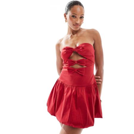 The Frolic Exclusives Mini bandeau jurk van satijn met uitsnijdingen en pofrok en strikken in rood