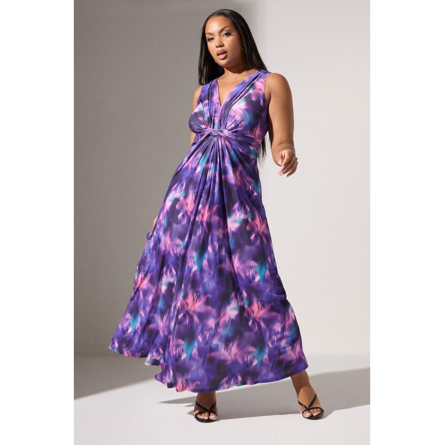 Yours London Curve Purple Blur Print Geknoopte Voorkant Maxijurk Size 58-60 Paars