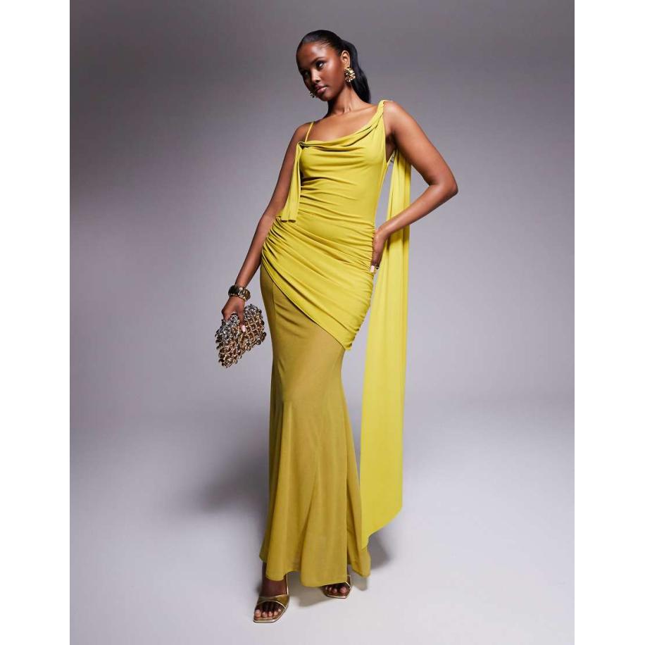 ASOS DESIGN Asymmetrische gerimpelde maxi jurk van gladde stof met doorschijnende rok in chartreuse-Geel Geel
