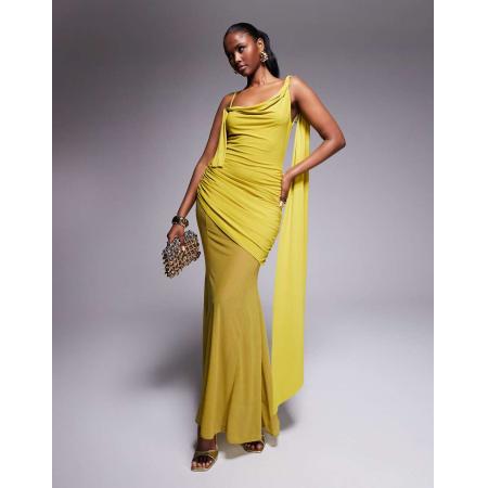 ASOS DESIGN Asymmetrische gerimpelde maxi jurk van gladde stof met doorschijnende rok in chartreuse-Geel