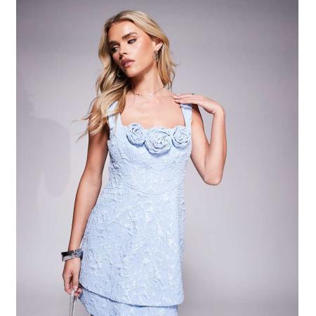 Forever New Petite Jacquard mini-jurk met rozetten en structuur in stoffig blauw