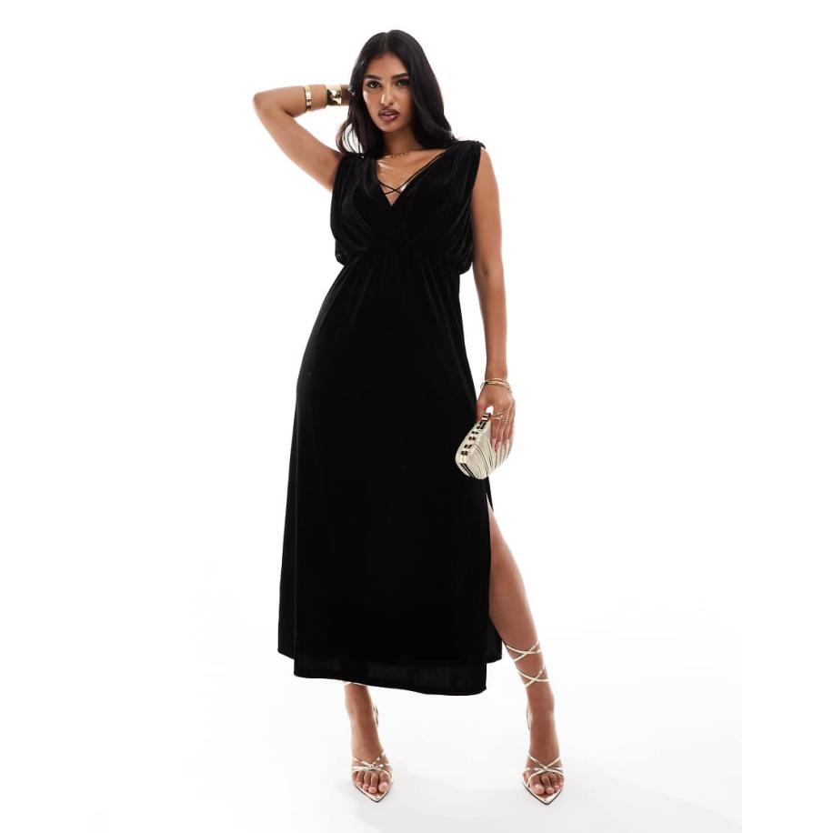 Jarlo Midi jurk met V-hals in zwart Zwart